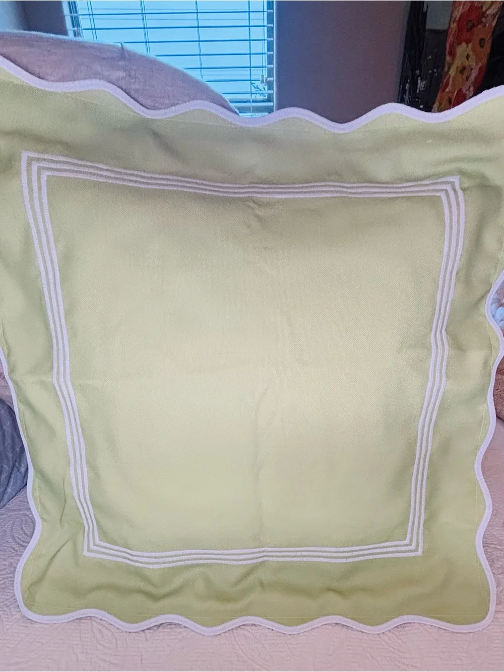 Hofdeco Sage Green Scalloped Pillow Cover Embroidered White Border 20x20